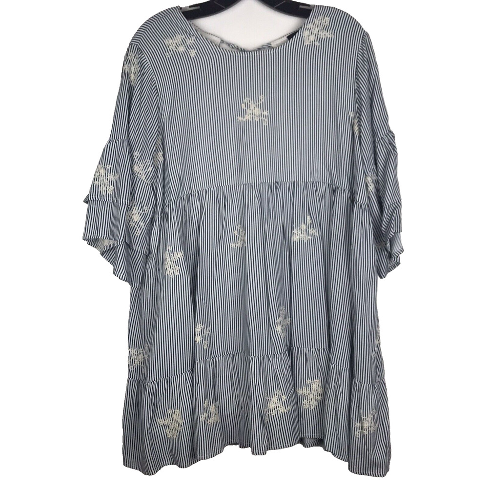 Lumiere Tiered Mini Dress Short Sleeve Embroidered Blue White Striped Size Small